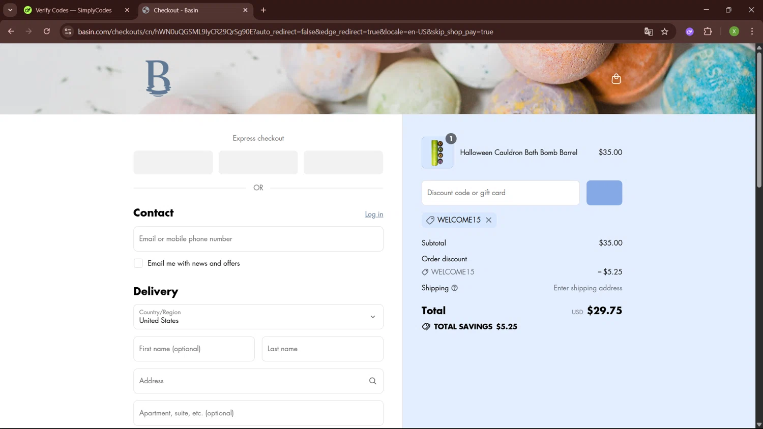 Basin promo code screenshot showing code WELCOME15 applied at Basin checkout page. Uploaded by SimplyCodes community member SaleTiger1087 on Jul 22, 2025