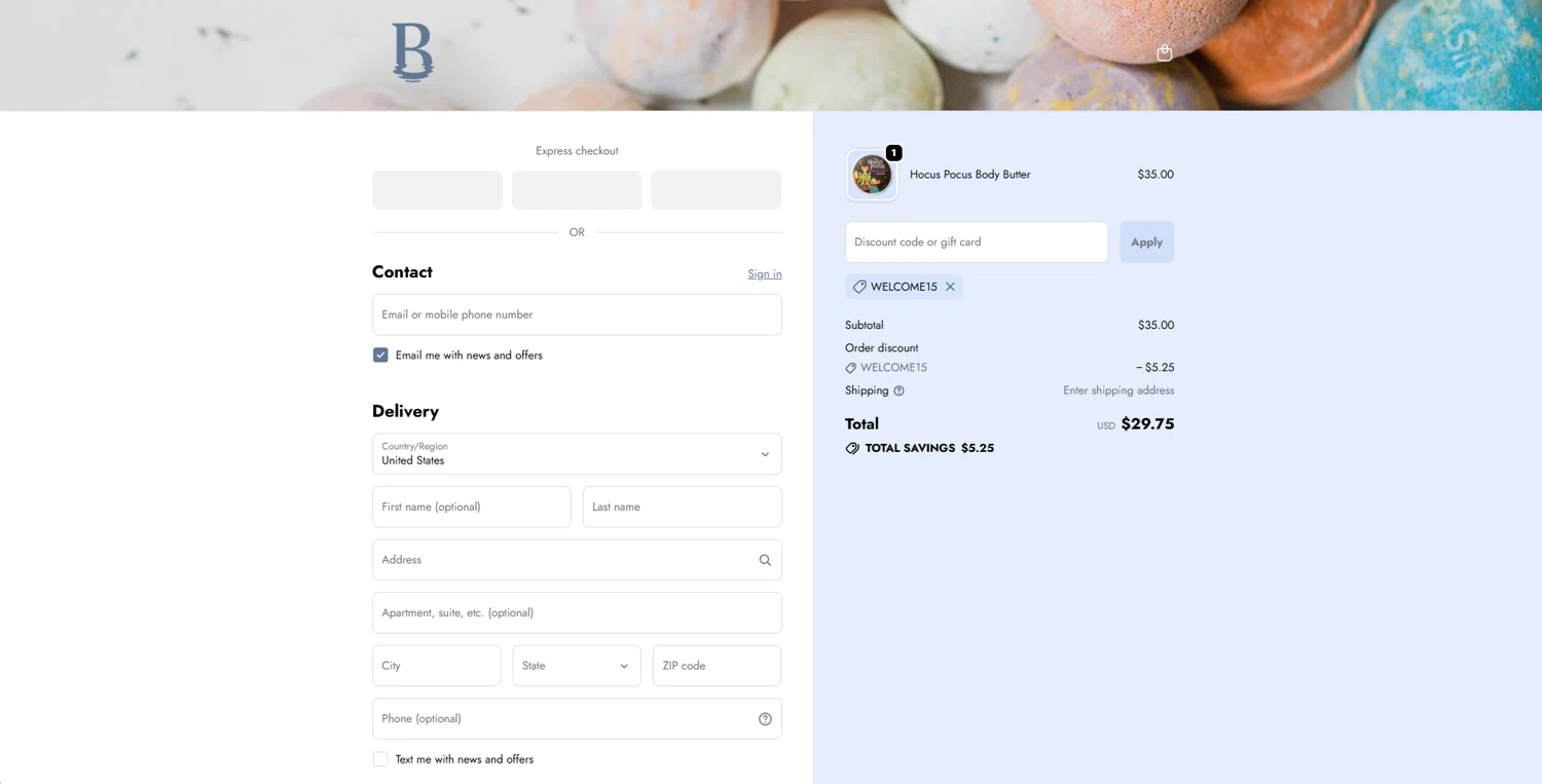 Basin promo code screenshot showing code WELCOME15 applied at Basin checkout page. Uploaded by SimplyCodes community member STEVE20 on Nov 8, 2025