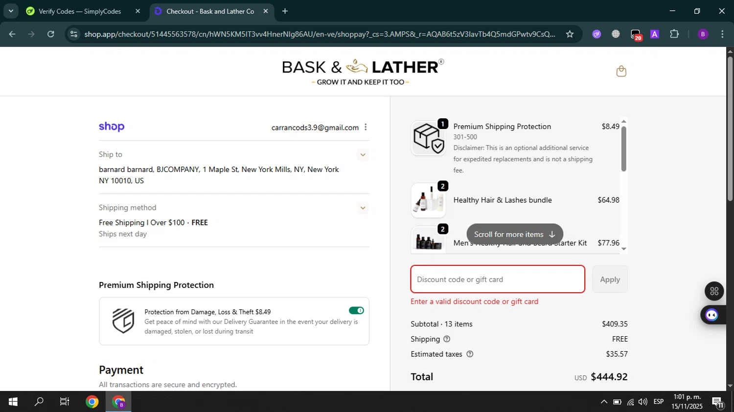 Bask and Lather Co. discount code screenshot showing code Amyluciani applied at Bask and Lather Co. checkout page. Uploaded by SimplyCodes community member GoldCurator7936 on Nov 15, 2025