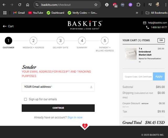 Baskits checkout page showing Baskits promo code box | Screenshot taken by SimplyCodes community member on Apr 21, 2025