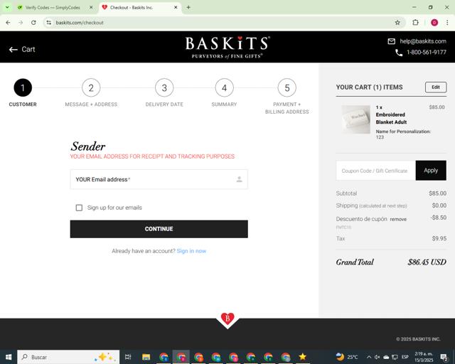 Baskits checkout page showing Baskits promo code box | Screenshot taken by SimplyCodes community member on Mar 15, 2025