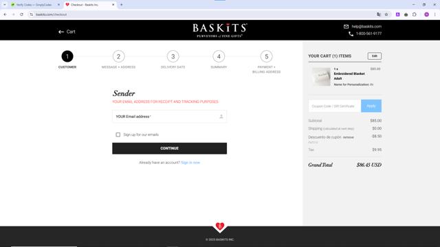 Baskits checkout page showing Baskits promo code box | Screenshot taken by SimplyCodes community member on Feb 24, 2025