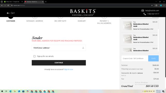 Baskits checkout page showing Baskits promo code box | Screenshot taken by SimplyCodes community member on Apr 10, 2025