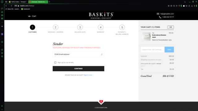 Baskits checkout page showing Baskits promo code box | Screenshot taken by SimplyCodes community member on Feb 24, 2025