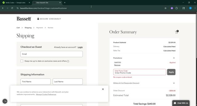 Bassett Furniture checkout page showing Bassett Furniture coupon code box | Screenshot taken by SimplyCodes community member on Jul 10, 2025