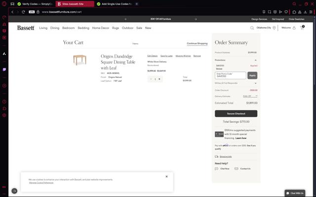 Bassett Furniture checkout page showing Bassett Furniture coupon code box | Screenshot taken by SimplyCodes community member on Jun 6, 2025