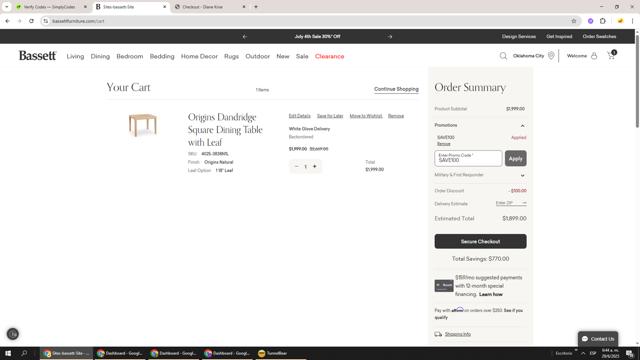 Bassett Furniture checkout page showing Bassett Furniture coupon code box | Screenshot taken by SimplyCodes community member on Jun 29, 2025