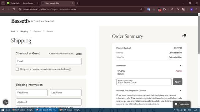Bassett Furniture checkout page showing Bassett Furniture coupon code box | Screenshot taken by SimplyCodes community member on Mar 31, 2025