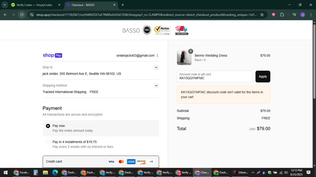 Basso checkout page showing Basso promo code box | Screenshot taken by SimplyCodes community member on Aug 25, 2025