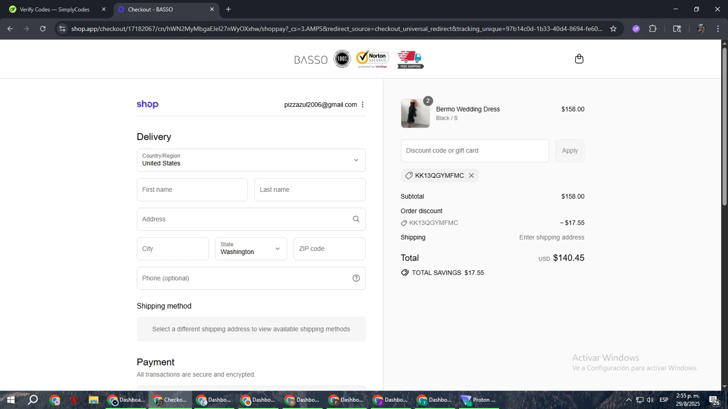 Basso promo code screenshot showing code KK13QGYMFMC applied at Basso checkout page. Uploaded by SimplyCodes community member xxdddd on Aug 29, 2025