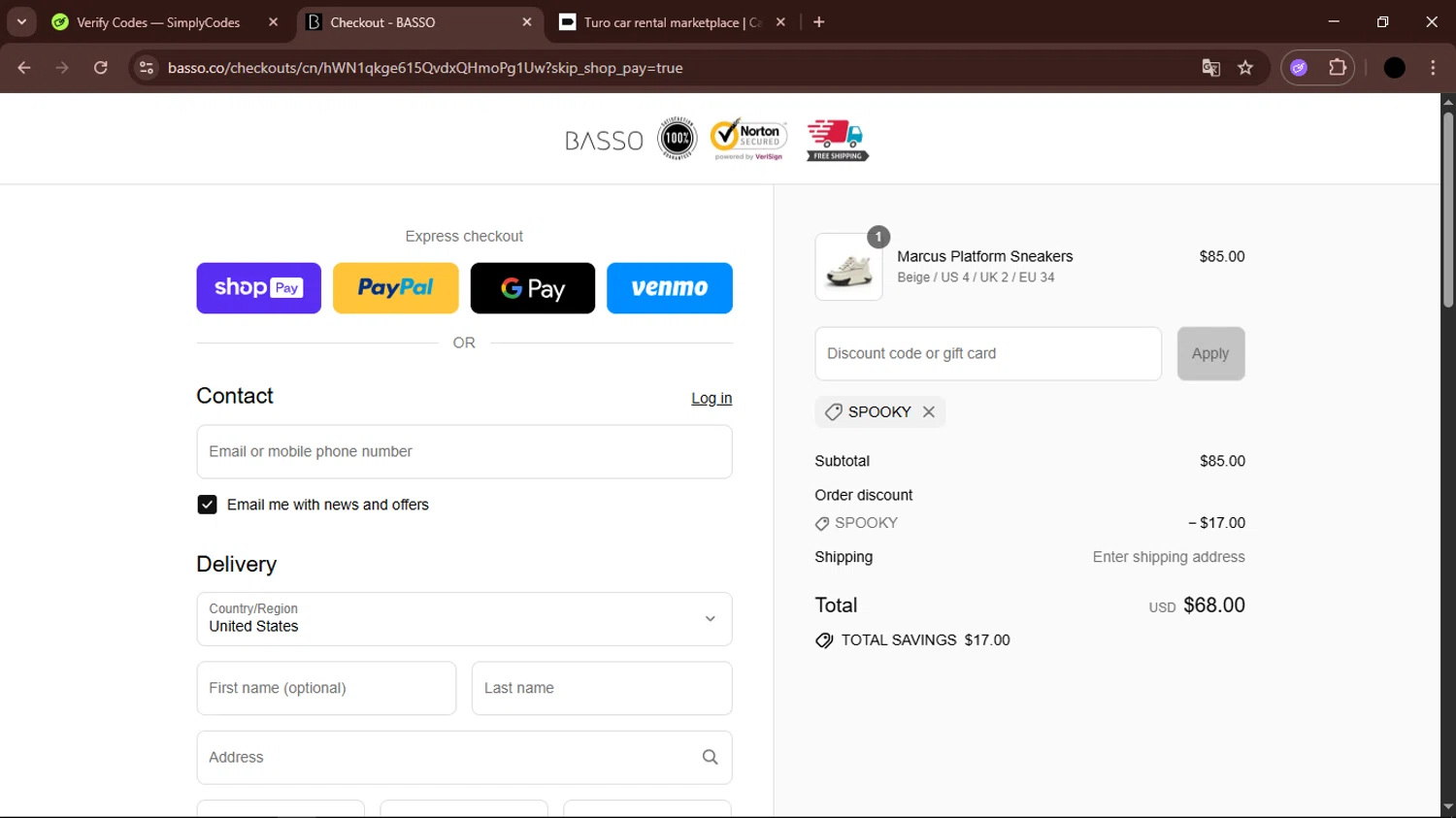 Basso promo code screenshot showing code SPOOKY applied at Basso checkout page. Uploaded by SimplyCodes community member FrugalTiger5589 on Aug 16, 2025