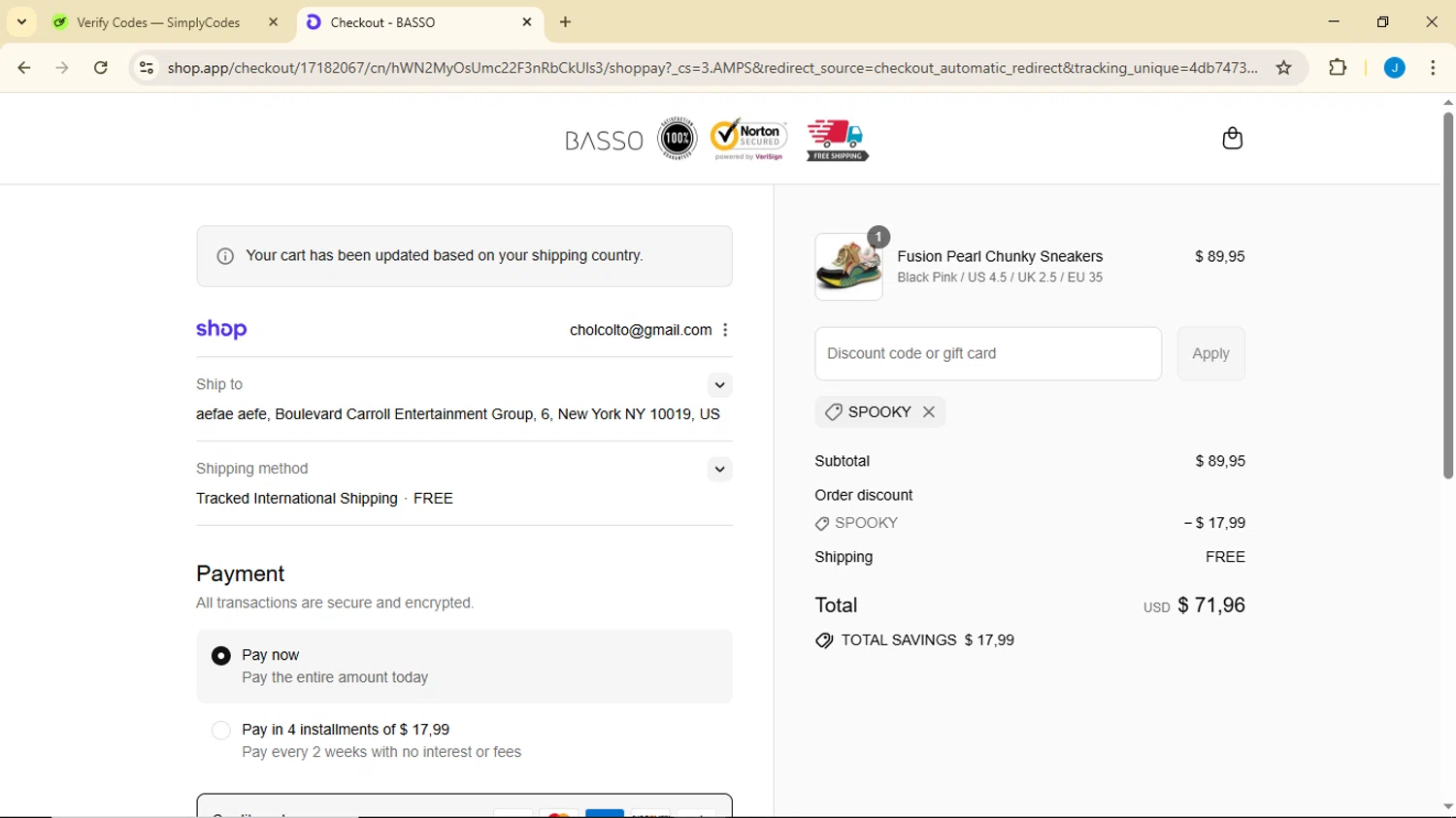 Basso promo code screenshot showing code SPOOKY applied at Basso checkout page. Uploaded by SimplyCodes community member Luisitoxd12 on Aug 29, 2025
