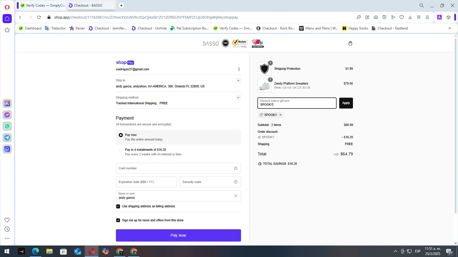 Basso promo code screenshot showing code SPOOKY applied at Basso checkout page. Uploaded by SimplyCodes community member elbicho22 on Feb 25, 2025
