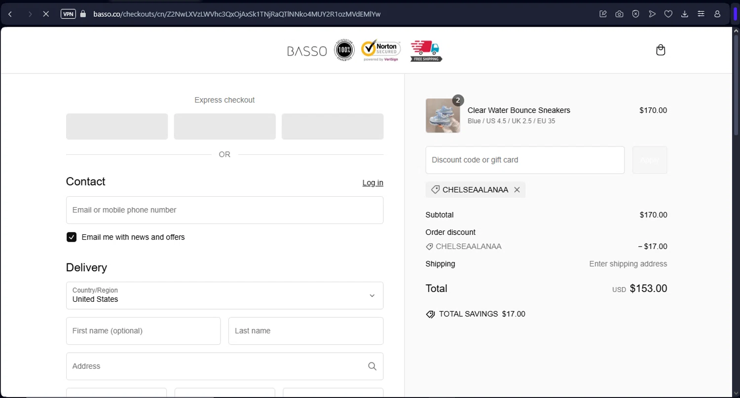 Basso promo code screenshot showing code CHELSEAALANAA applied at Basso checkout page. Uploaded by SimplyCodes community member Mr_fran on Feb 23, 2025