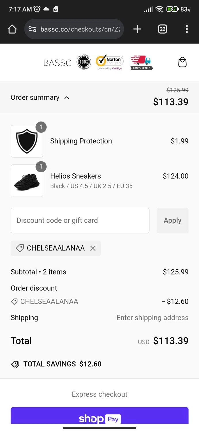 Basso promo code screenshot showing code CHELSEAALANAA applied at Basso checkout page. Uploaded by SimplyCodes community member Mortek on Jan 25, 2025