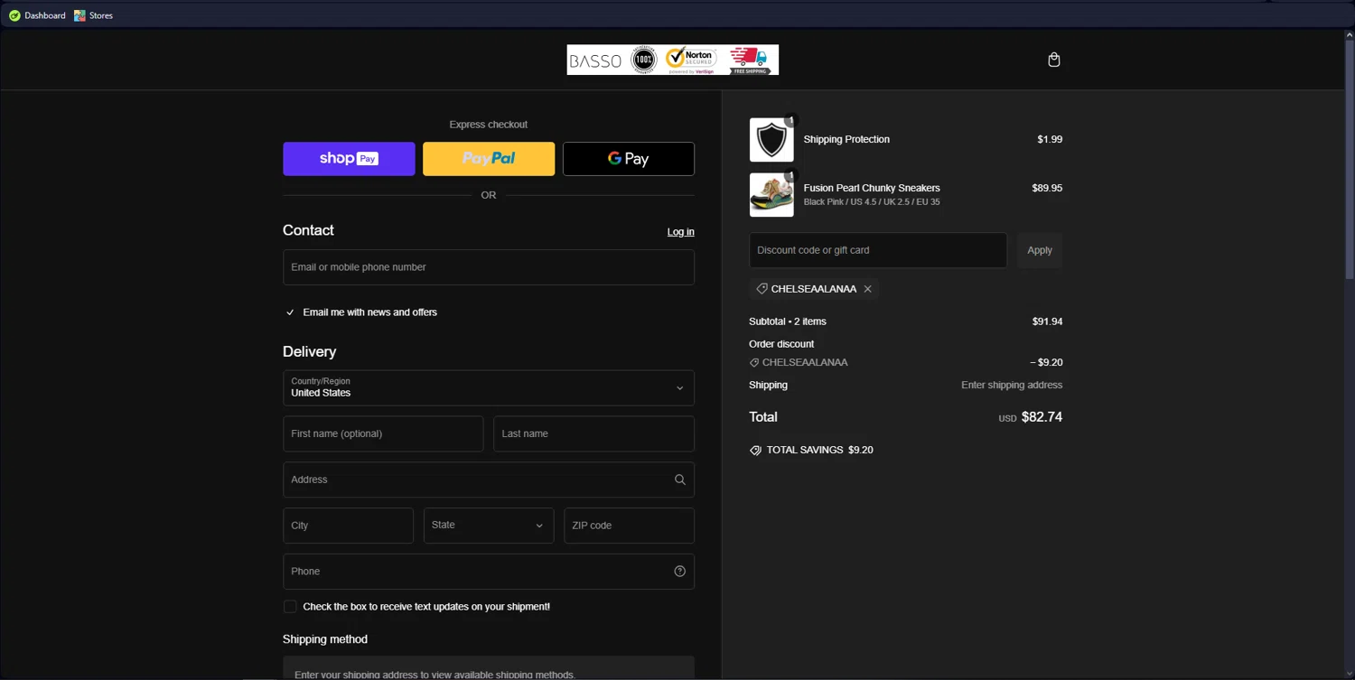 Basso promo code screenshot showing code CHELSEAALANAA applied at Basso checkout page. Uploaded by SimplyCodes community member hola_bebe on Dec 27, 2024