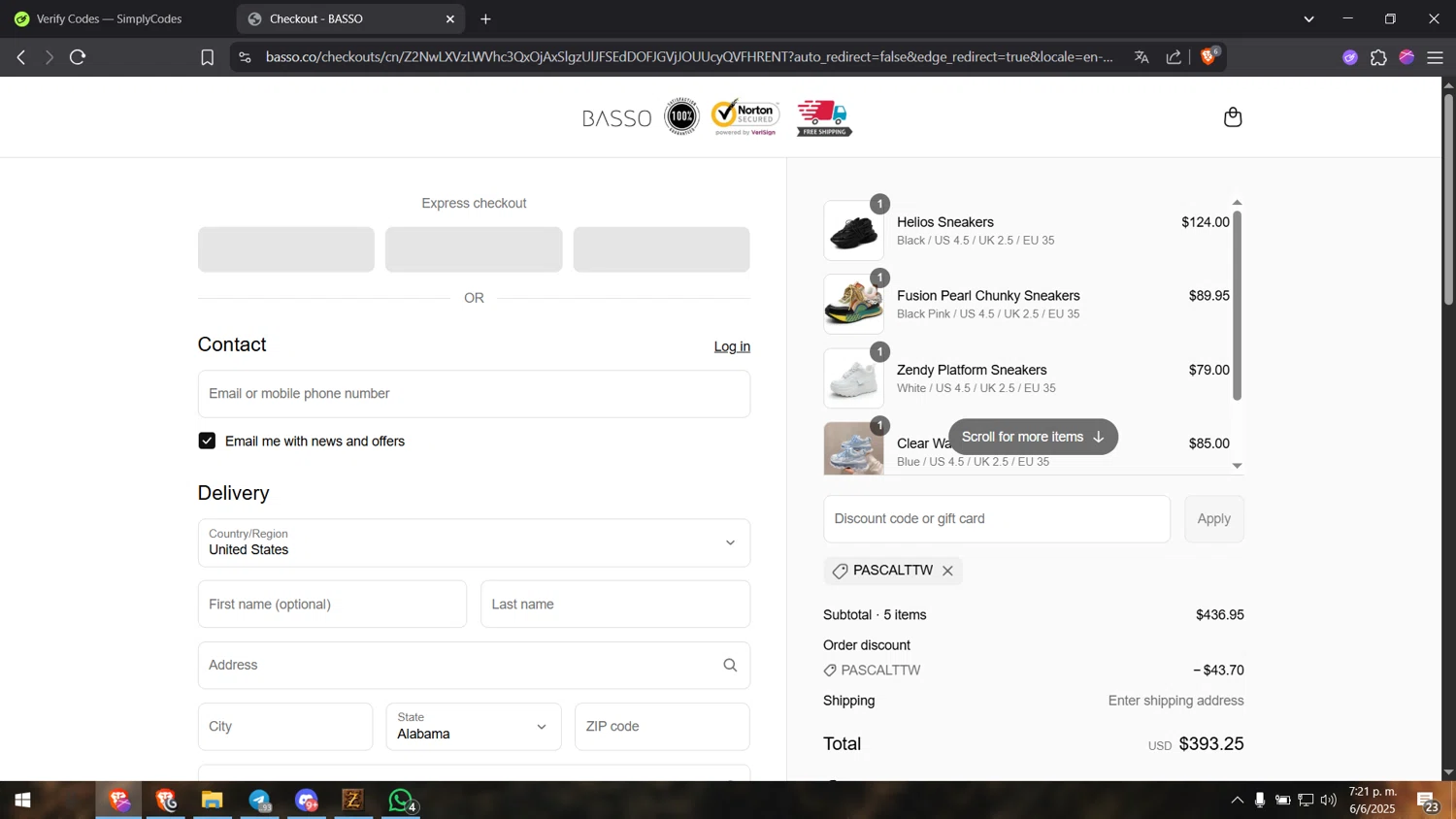 Basso promo code screenshot showing code PASCALTTW applied at Basso checkout page. Uploaded by SimplyCodes community member Henyo36 on Jun 6, 2025