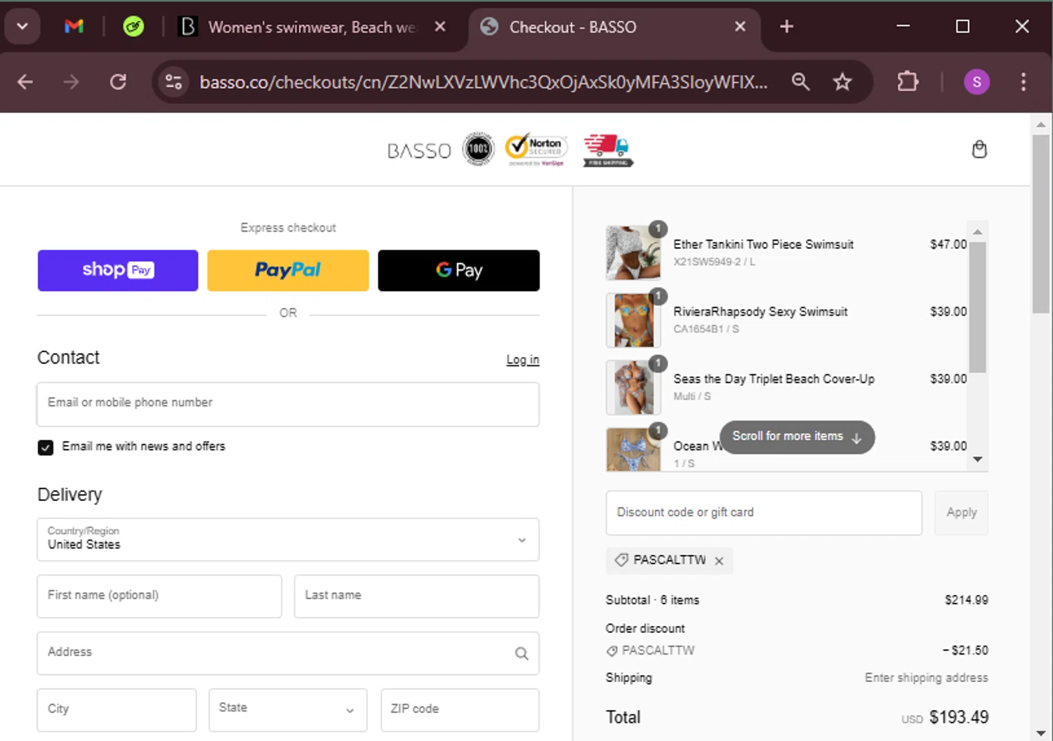 Basso promo code screenshot showing code PASCALTTW applied at Basso checkout page. Uploaded by SimplyCodes community member tinkle_tinkle on Feb 14, 2025