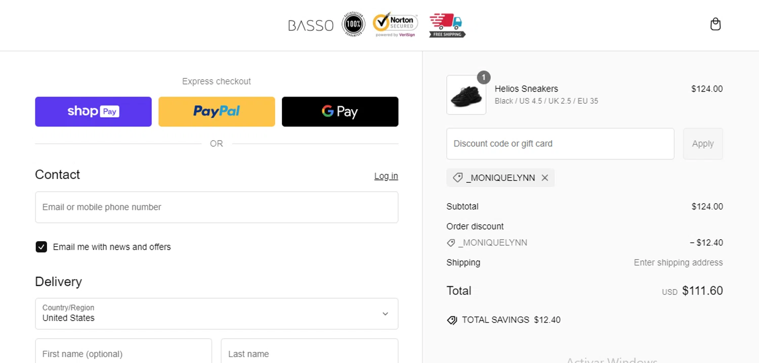 Basso promo code screenshot showing code _MONIQUELYNN applied at Basso checkout page. Uploaded by SimplyCodes community member ligthYA on Jan 31, 2025
