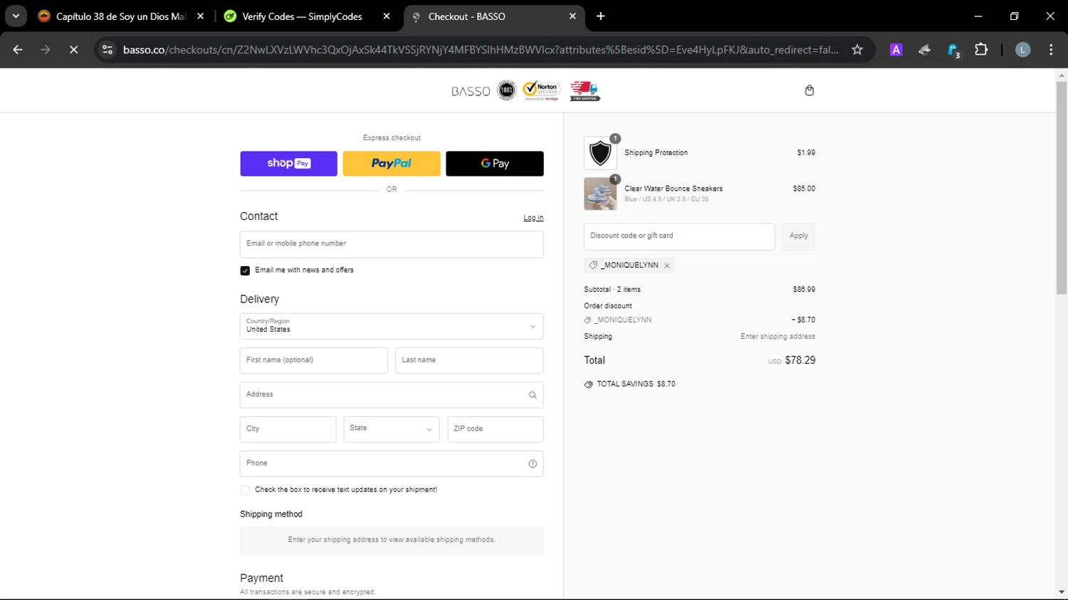 Basso promo code screenshot showing code _MONIQUELYNN applied at Basso checkout page. Uploaded by SimplyCodes community member JuanChi on Mar 1, 2025