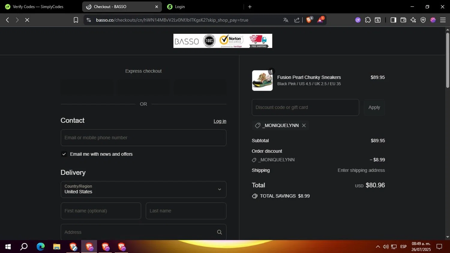 Basso promo code screenshot showing code _MONIQUELYNN applied at Basso checkout page. Uploaded by SimplyCodes community member Yoseff2 on Jul 26, 2025