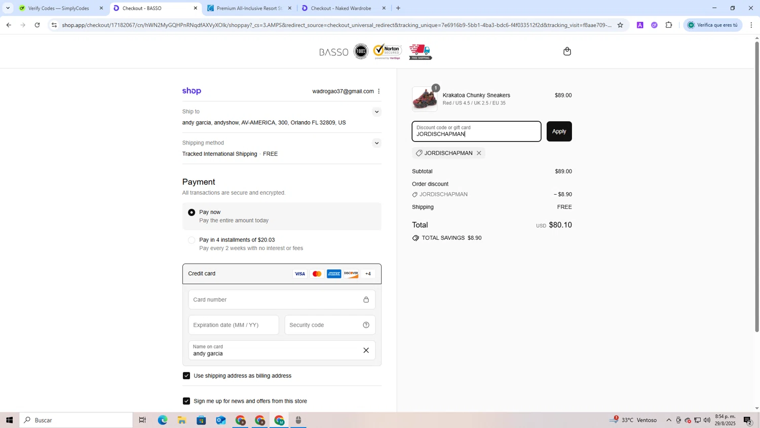 Basso promo code screenshot showing code JORDISCHAPMAN applied at Basso checkout page. Uploaded by SimplyCodes community member CoinCollector8010 on Aug 29, 2025