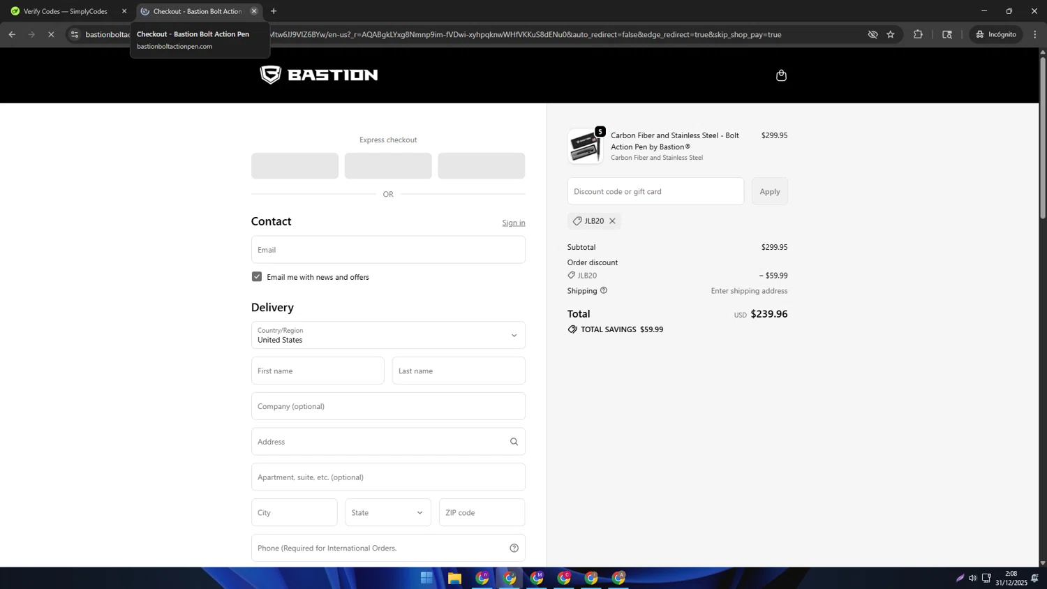 Bastion Pens promo code screenshot showing code Jlb20 applied at Bastion Pens checkout page. Uploaded by SimplyCodes community member AVATIGRITO on Dec 31, 2025