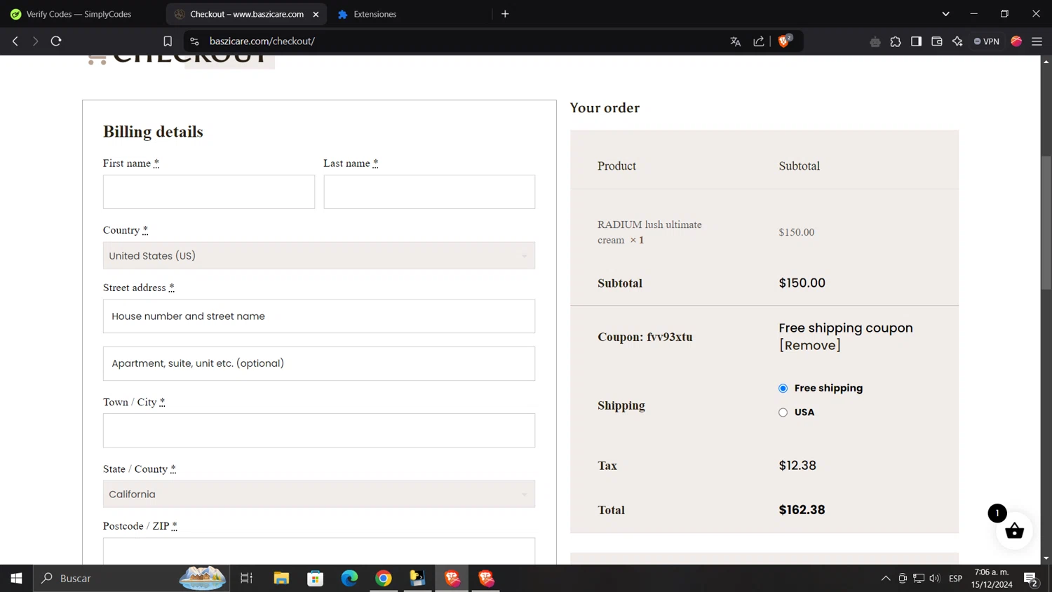 baszicare checkout page showing baszicare promo code box | Screenshot taken by SimplyCodes community member on Dec 15, 2024