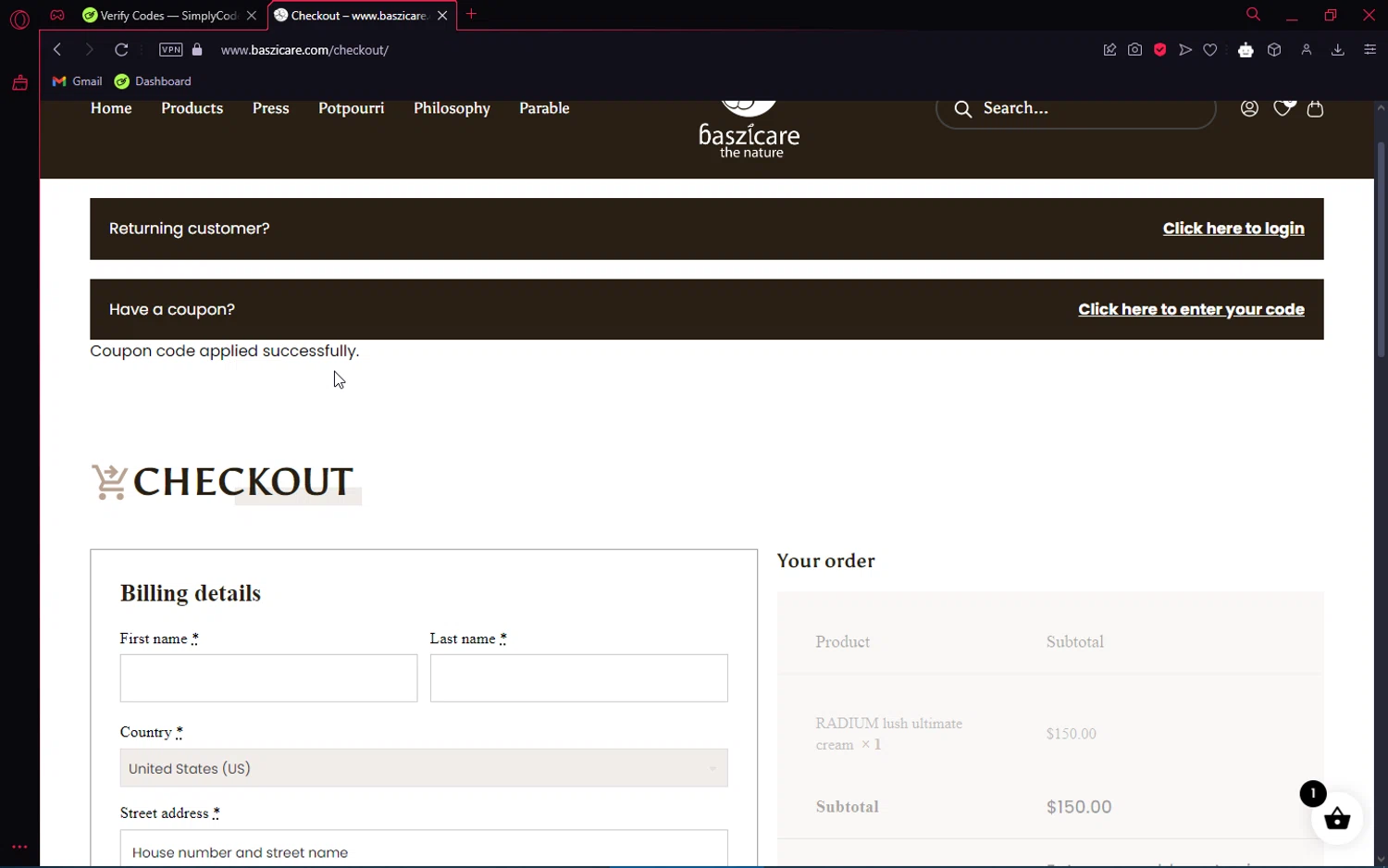 baszicare promo code screenshot showing code FVV93XTU applied at baszicare checkout page. Uploaded by SimplyCodes community member VoucherAce8469 on Jan 13, 2025