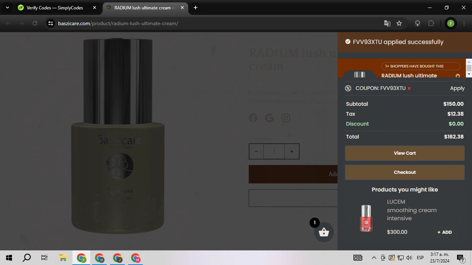 baszicare checkout page showing baszicare promo code box | Screenshot taken by SimplyCodes community member on Jul 23, 2024