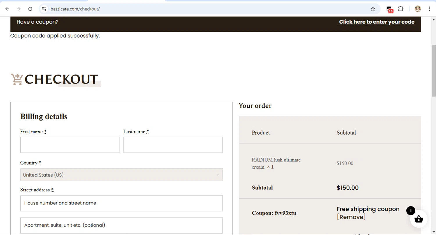 baszicare promo code screenshot showing code FVV93XTU applied at baszicare checkout page. Uploaded by SimplyCodes community member LegendaryTitan9160 on Feb 20, 2025