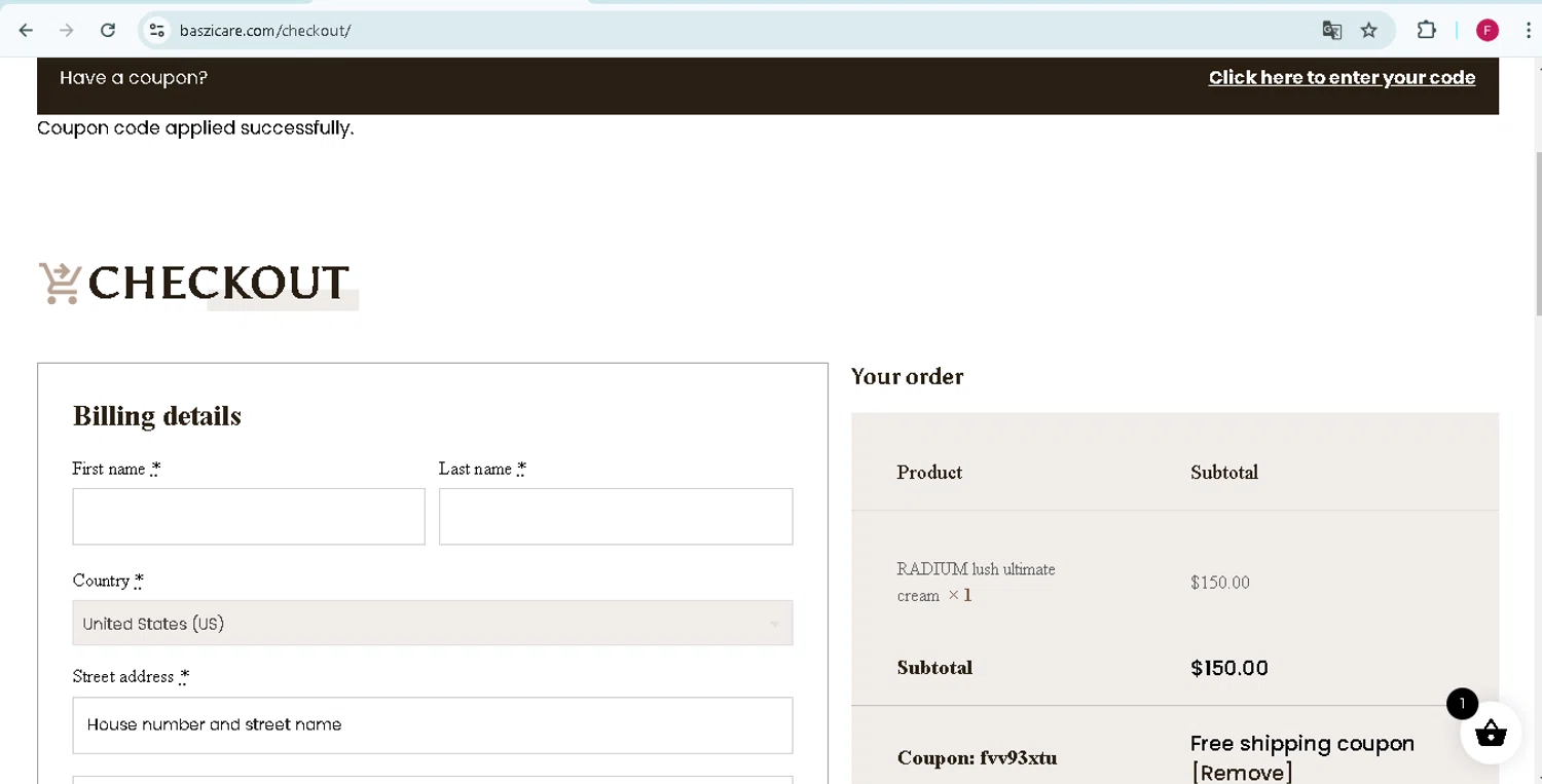 baszicare checkout page showing baszicare promo code box | Screenshot taken by SimplyCodes community member on Oct 18, 2024
