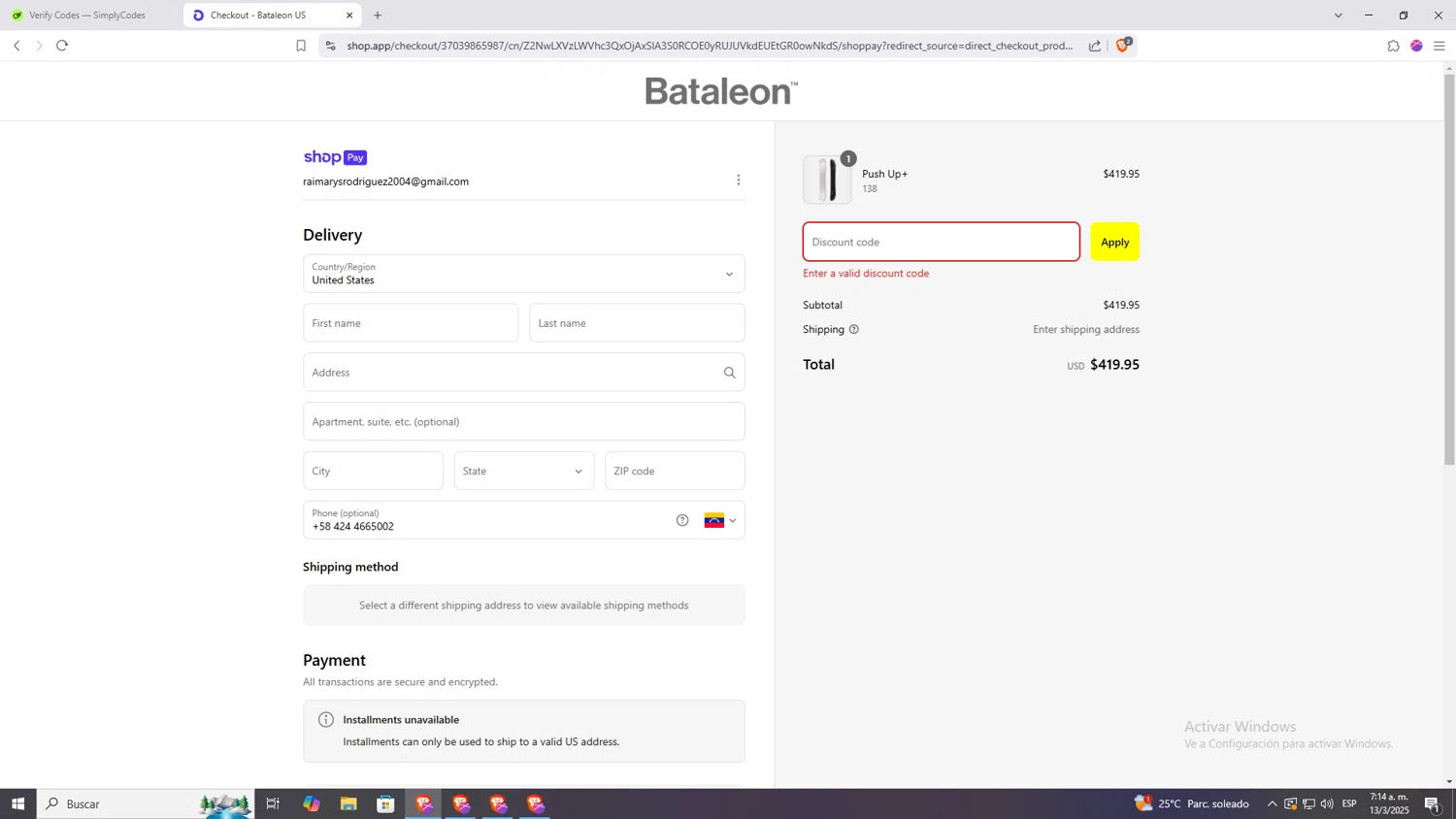 Bataleon discount code screenshot showing code BOGO50 applied at Bataleon checkout page. Uploaded by SimplyCodes community member Raiiii18 on Mar 13, 2025