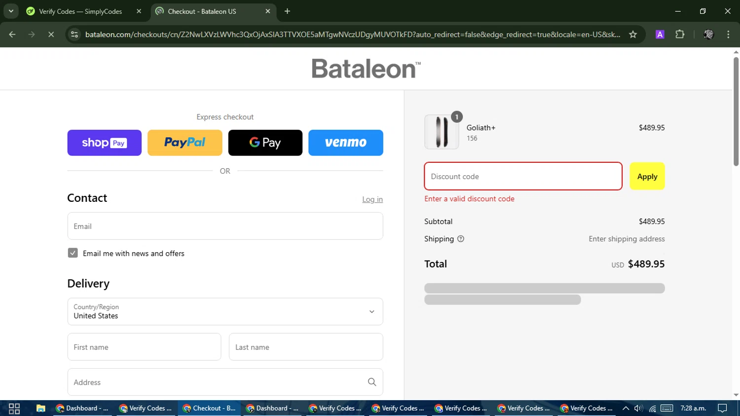 Bataleon discount code screenshot showing code BOGO50 applied at Bataleon checkout page. Uploaded by SimplyCodes community member PrimeKnight6101 on Mar 13, 2025