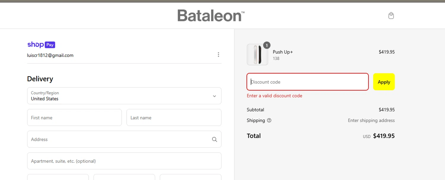 Bataleon discount code screenshot showing code BOGO50 applied at Bataleon checkout page. Uploaded by SimplyCodes community member RoyalHunter7313 on Mar 13, 2025