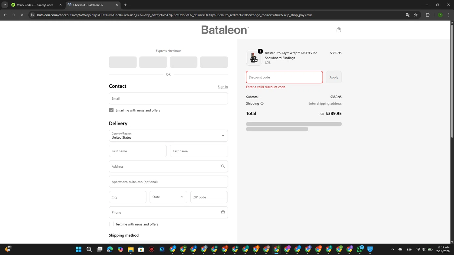 Bataleon discount code screenshot showing code ZBRGMS2S applied at Bataleon checkout page. Uploaded by SimplyCodes community member GoldScout9735 on Feb 19, 2026