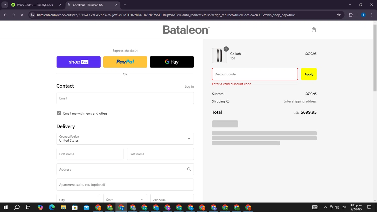 Bataleon discount code screenshot showing code ZBRGMS2S applied at Bataleon checkout page. Uploaded by SimplyCodes community member CrownElite7615 on Feb 2, 2025