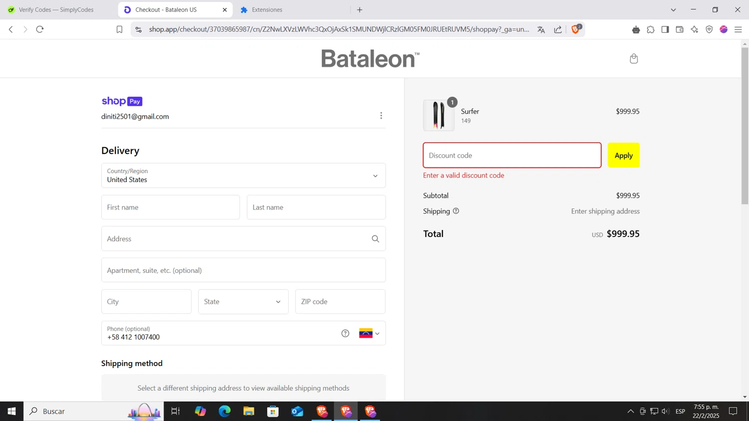 Bataleon discount code screenshot showing code TGLMM72C applied at Bataleon checkout page. Uploaded by SimplyCodes community member AnthonyGTX on Feb 22, 2025