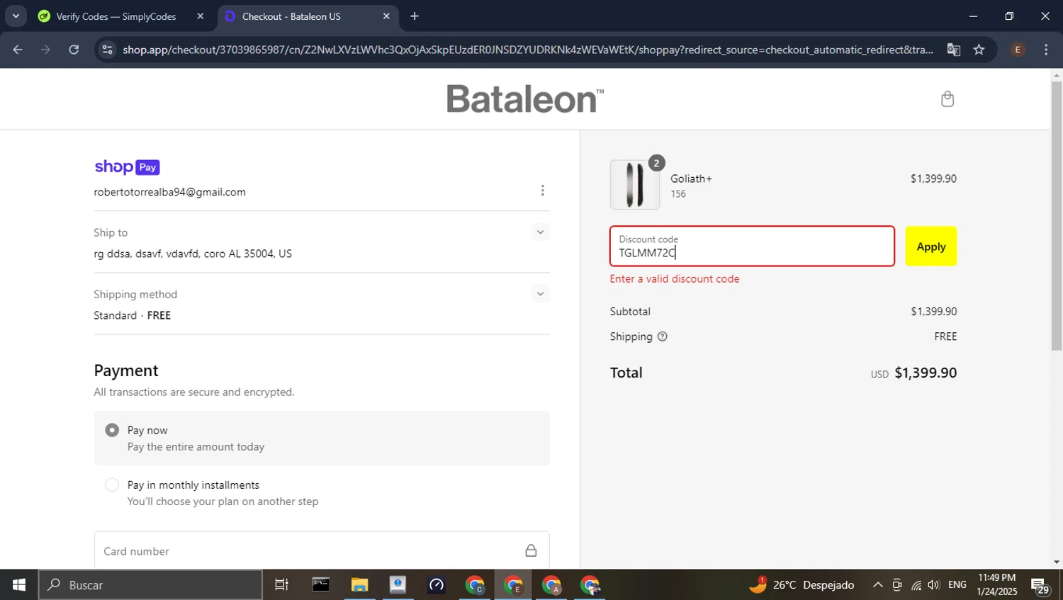 Bataleon discount code screenshot showing code TGLMM72C applied at Bataleon checkout page. Uploaded by SimplyCodes community member WonderPilot3689 on Jan 25, 2025