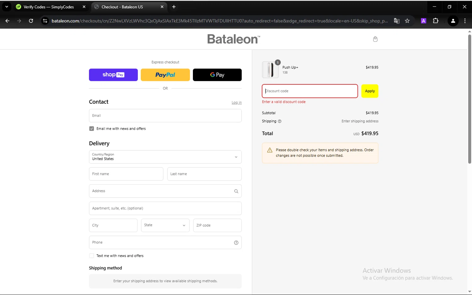 Bataleon discount code screenshot showing code WELCOME2THE3BTFAMILY6M57SKWS applied at Bataleon checkout page. Uploaded by SimplyCodes community member CarlesPlanas on Mar 11, 2025