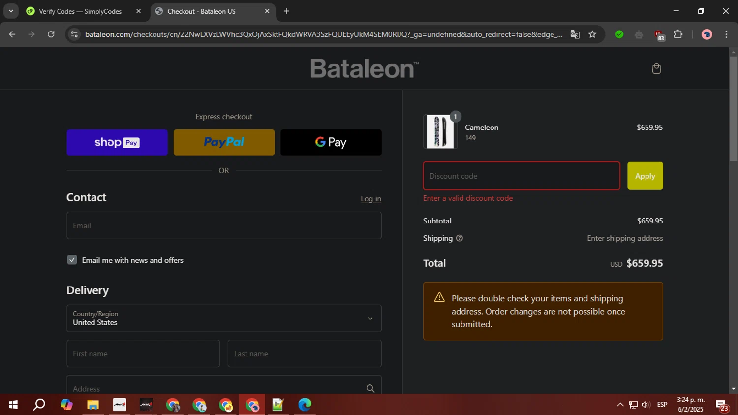 Bataleon discount code screenshot showing code WELCOME2THE3BTFAMILY6M57SKWS applied at Bataleon checkout page. Uploaded by SimplyCodes community member FortunateTiger3302 on Feb 6, 2025