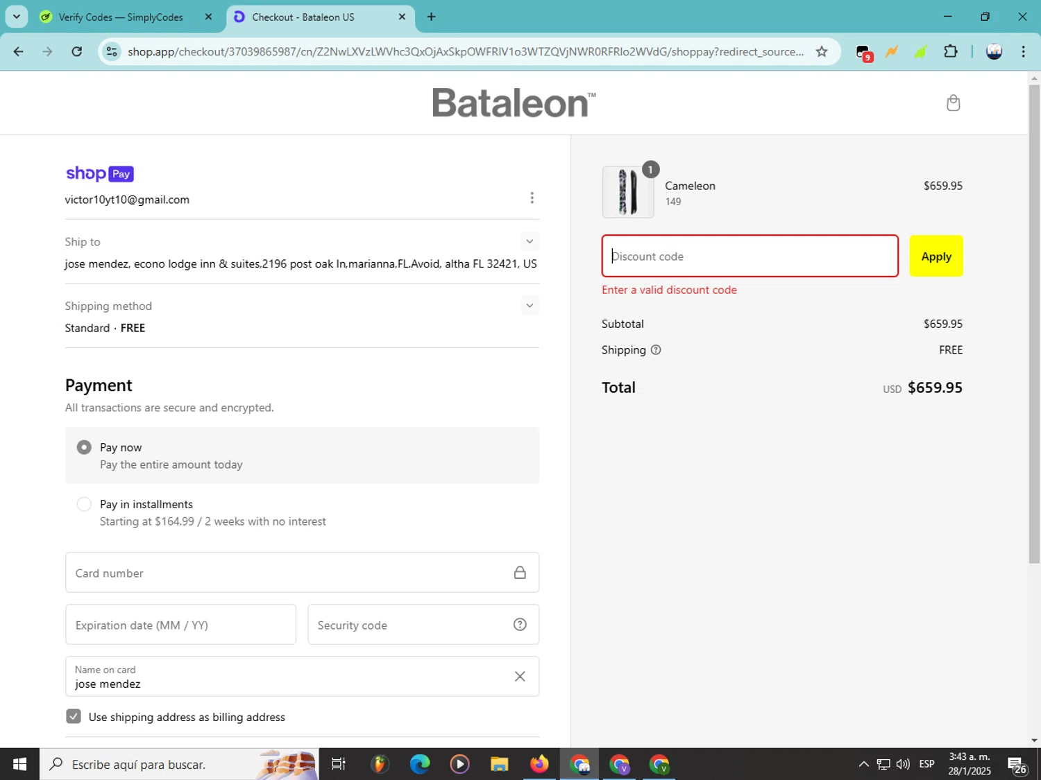 Bataleon discount code screenshot showing code WELCOME2THE3BTFAMILY6M57SKWS applied at Bataleon checkout page. Uploaded by SimplyCodes community member Soyvictor on Jan 28, 2025