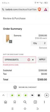 SPRINGBATS coupon verification screenshot