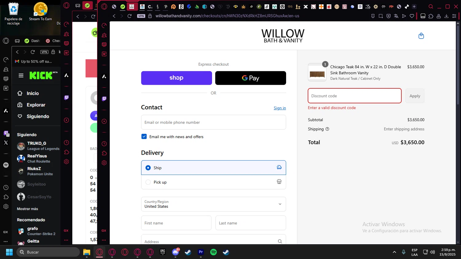 Willow Bath and Vanity coupon code screenshot showing code LYNETTE10 applied at Willow Bath and Vanity checkout page. Uploaded by SimplyCodes community member Billyyou on Sep 15, 2025