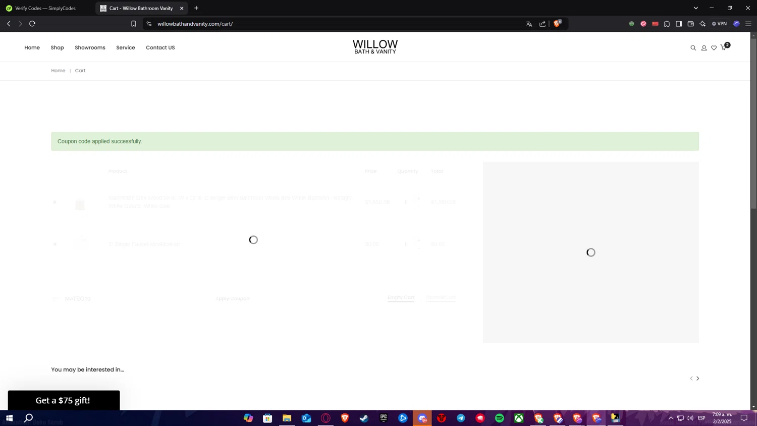 Willow Bath and Vanity coupon code screenshot showing code MATEO10 applied at Willow Bath and Vanity checkout page. Uploaded by SimplyCodes community member Nekiro on Feb 2, 2025