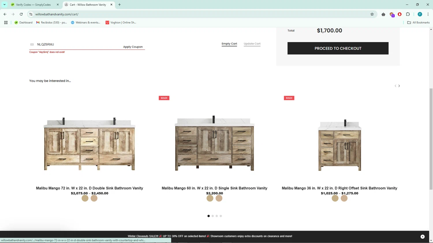 Willow Bath and Vanity coupon code screenshot showing code MATEO10 applied at Willow Bath and Vanity checkout page. Uploaded by SimplyCodes community member BargainSage1407 on Feb 2, 2025