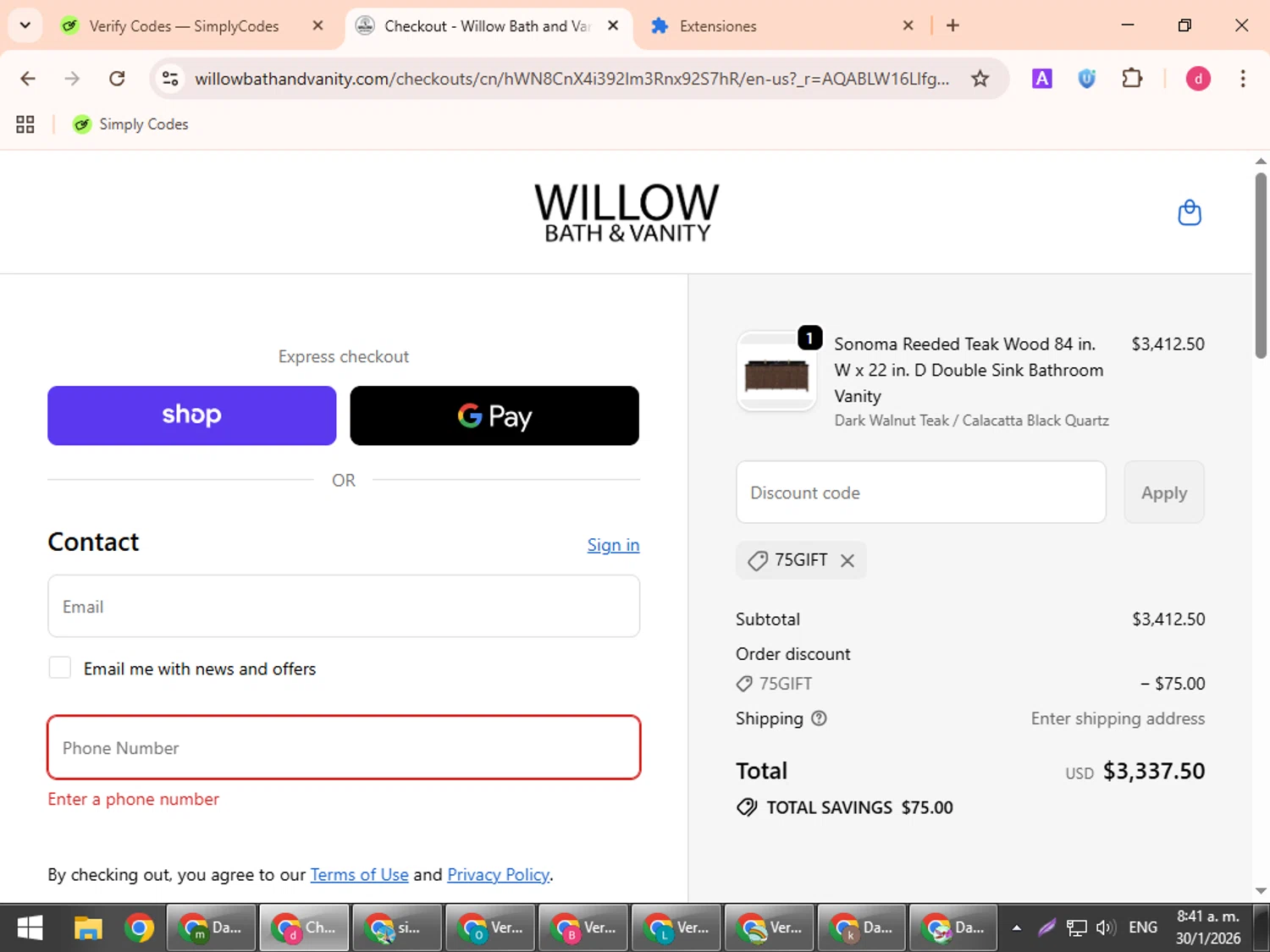 Willow Bath and Vanity checkout page showing Willow Bath and Vanity coupon code box | Screenshot taken by SimplyCodes community member on Jan 30, 2026