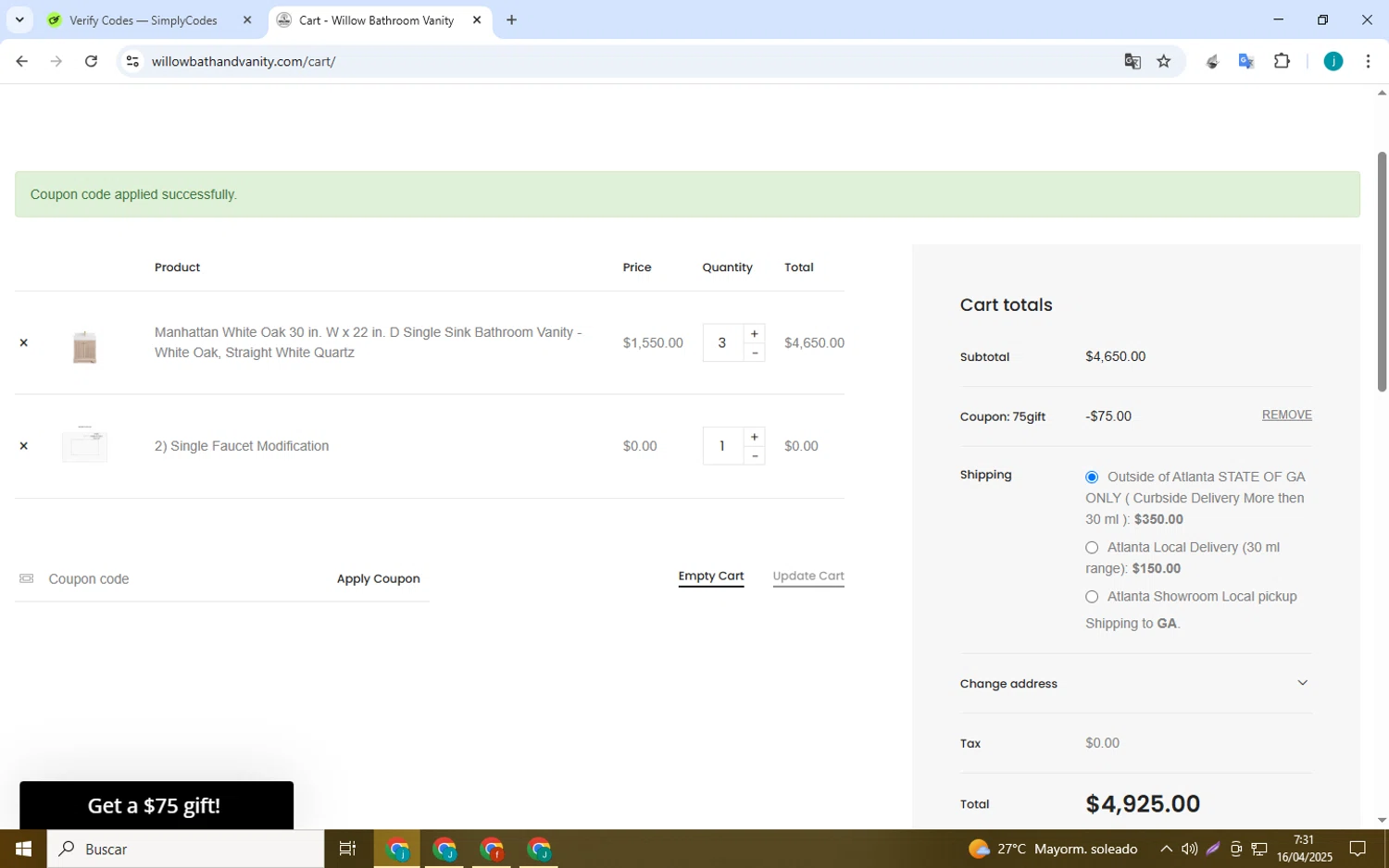 Willow Bath and Vanity coupon code screenshot showing code 75GIFT applied at Willow Bath and Vanity checkout page. Uploaded by SimplyCodes community member Juan_collug on Apr 16, 2025