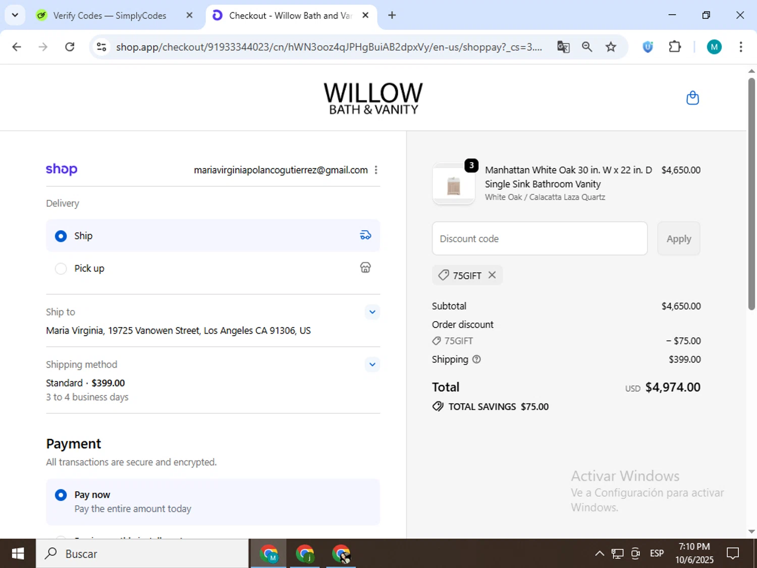 Willow Bath and Vanity coupon code screenshot showing code 75GIFT applied at Willow Bath and Vanity checkout page. Uploaded by SimplyCodes community member estrellaveloz on Oct 6, 2025
