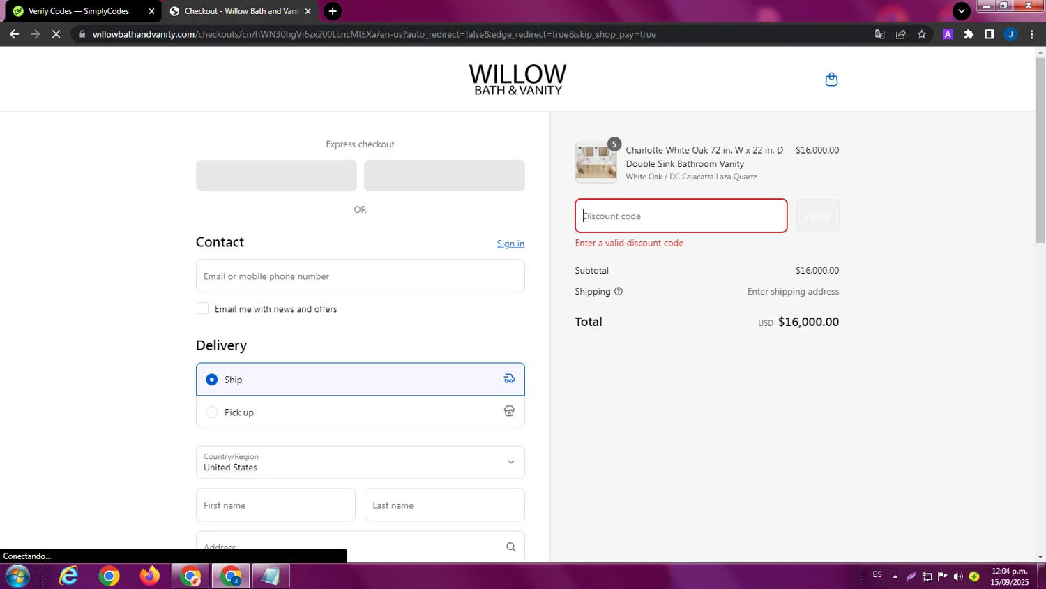 Willow Bath and Vanity coupon code screenshot showing code KAM10 applied at Willow Bath and Vanity checkout page. Uploaded by SimplyCodes community member ExtraordinaryPhoenix9295 on Sep 15, 2025